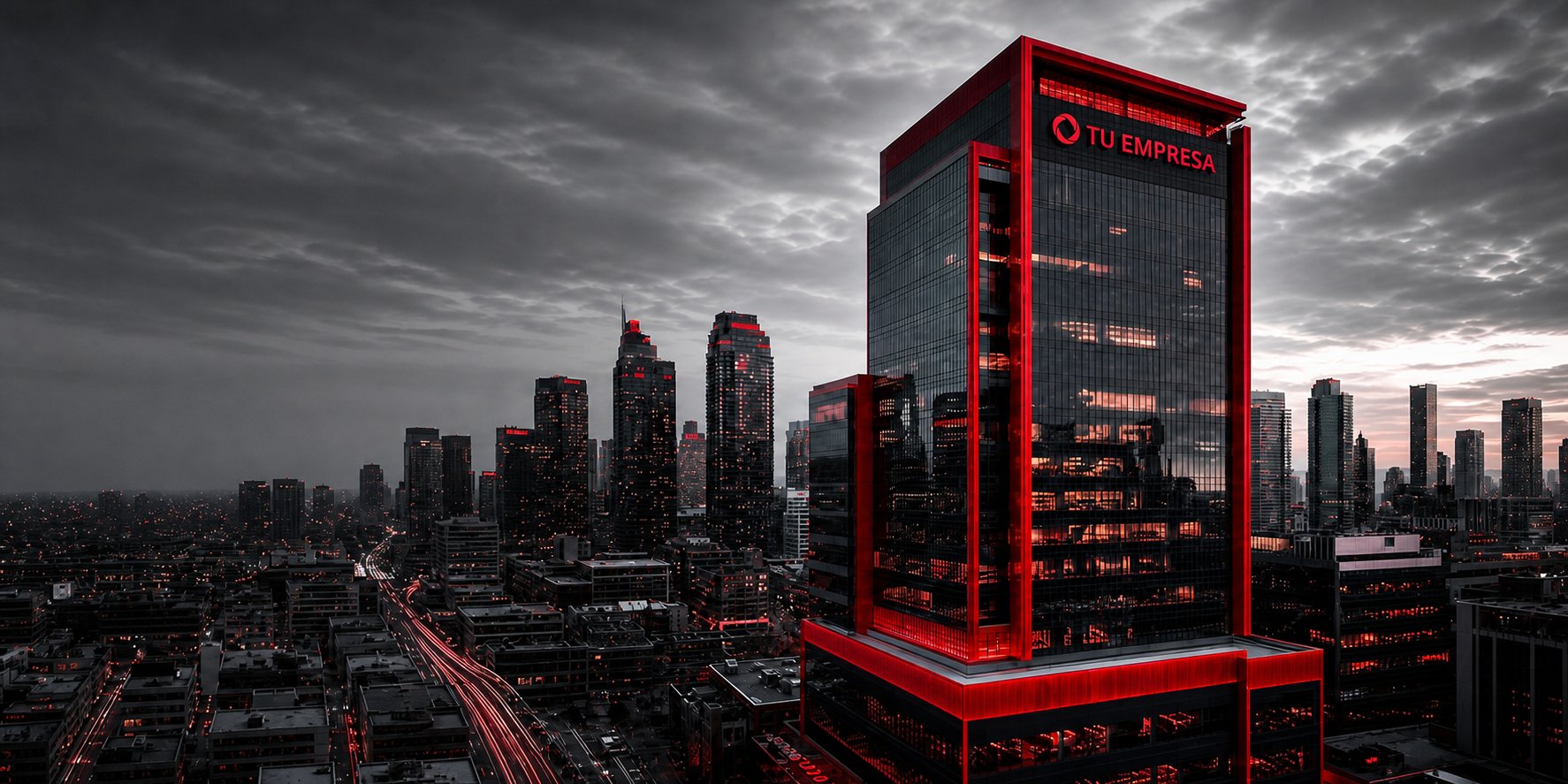 Skyline corporativo al atardecer con la torre TU EMPRESA iluminada en rojo